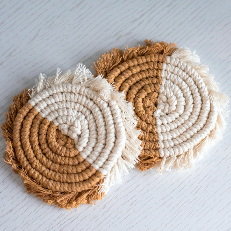 macrame tea coasters in natural white and golden sand